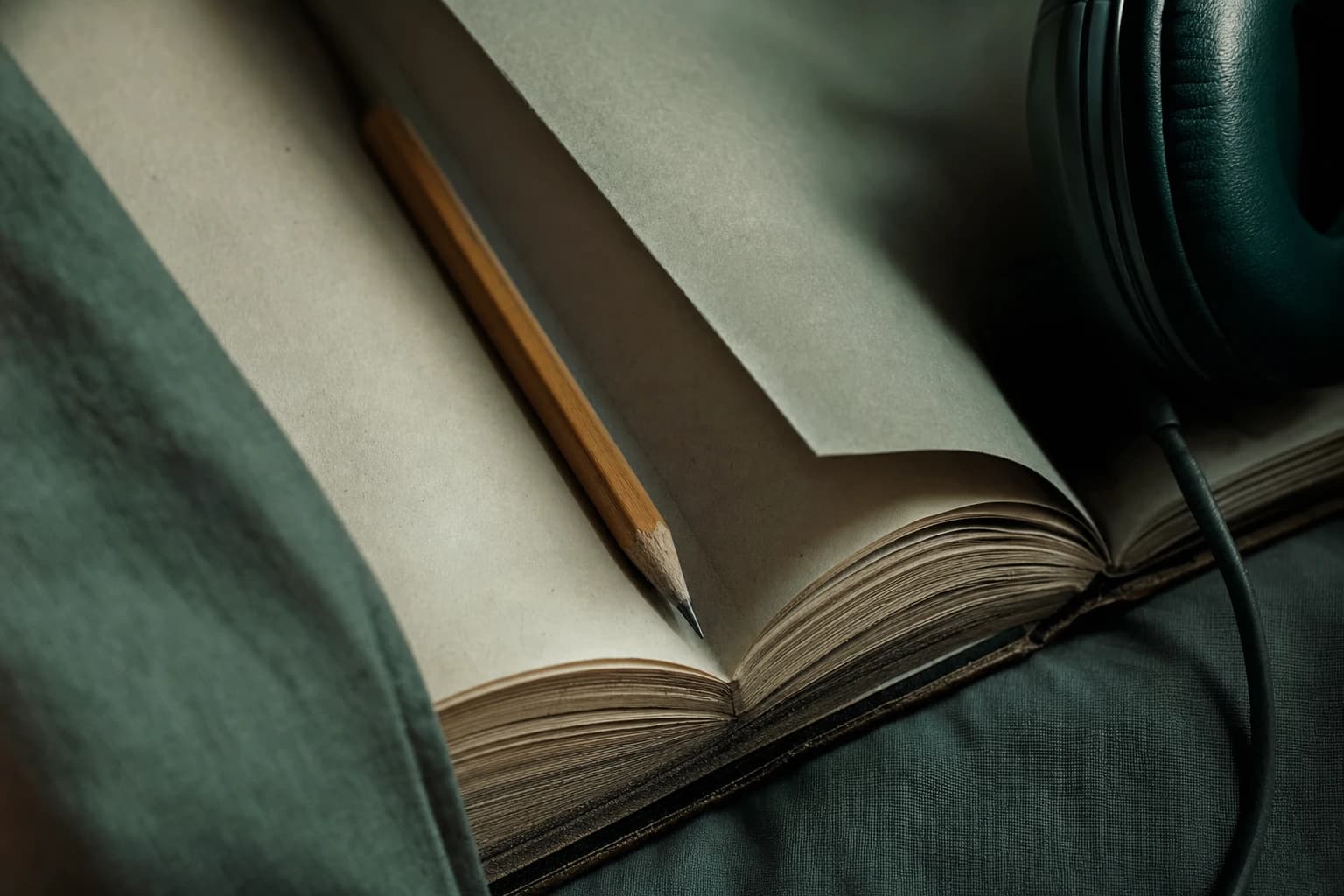 Close-up of layered book pages, a pencil, and a headphone cable